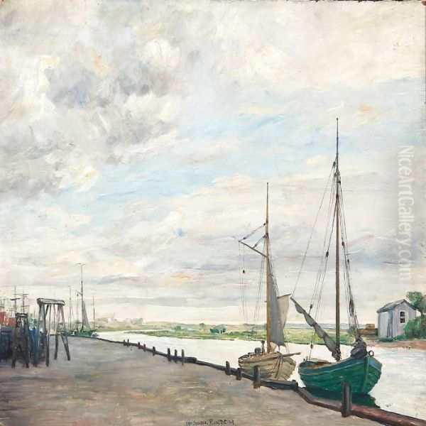 Ships At The Bulwark In Ribe Oil Painting by Johan Gudmann Rohde