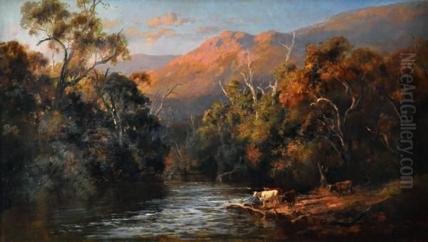  cattle By A Stream At Evening  Oil Painting by Charles Rolando