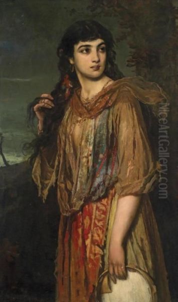 Circle Gypsy Girl With Tambourine Oil Painting by Anton Romako