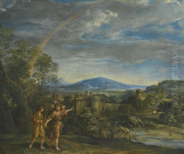 Tobias And The Archangel Raphael In A Landscape Oil Painting by Giovanni Francesco Romanelli