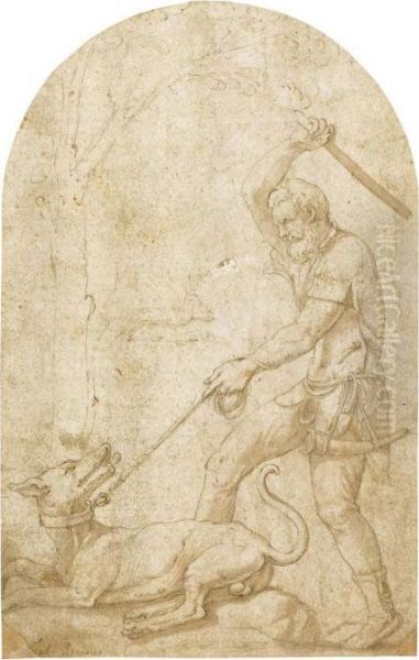 A Huntsman Beating His Dog Oil Painting by Giulio Romano