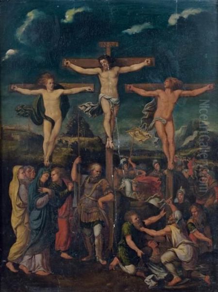 La Crucifixion Du Christ Entre Les Deux Larrons 
 Panneau De Noyer, Une Planche, Renforce Oil Painting by Giulio Romano