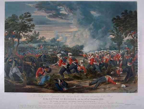 The 31st Regiment, Sir Harry Smiths Division advancing to the charge at the Battle of Moodkee 18th December 1845, published by Rudolph Ackermann, 18th June 1848 Oil Painting by Major G.F. White