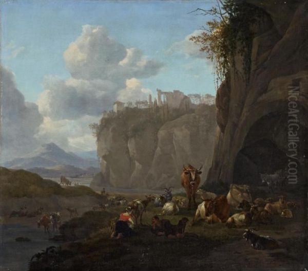 Sudliche Landschaft Mit Hirtenpaar Oil Painting by Willem Romeyn