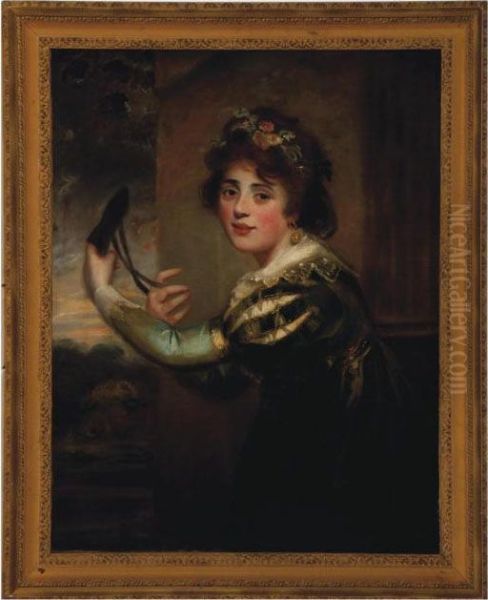 Portrait Of A Young Lady, Wearing A Flower Garland And Holding A Mask Oil Painting by George Romney