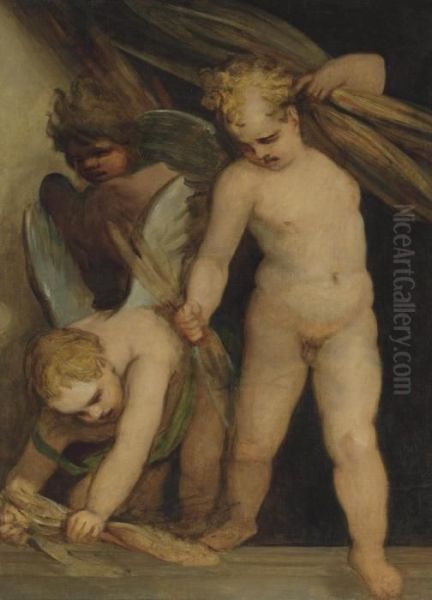 Putti Gathering Bundles Of Reeds Oil Painting by George Romney