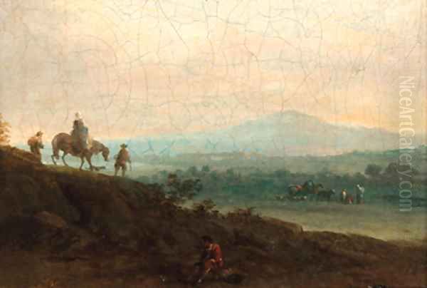 A peasant resting in a landscape with travellers on a track beyond Oil Painting by Philips Wouwerman