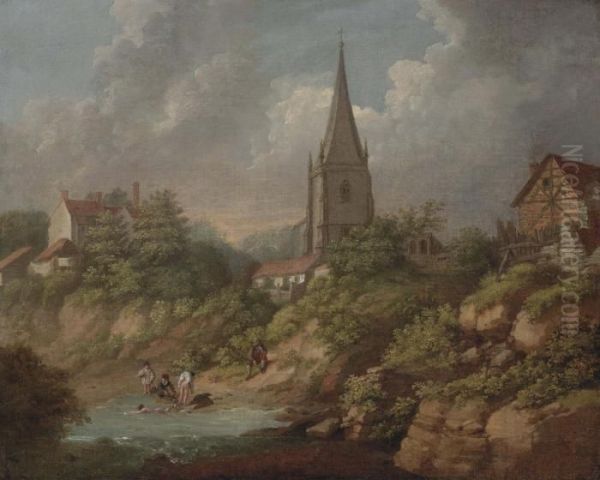 A View Of Monmouth With The Church Of St Mary's, Bathers In The Foreground Oil Painting by Michael Angelo Rooker