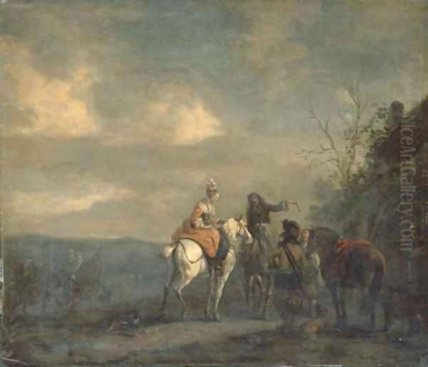 Elegant company on horseback at halt outside a cottage, a landscape beyond Oil Painting by Philips Wouwerman