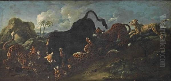 Leopards Attacking A Bull In A Landscape Oil Painting by Johan Heinrich Roos