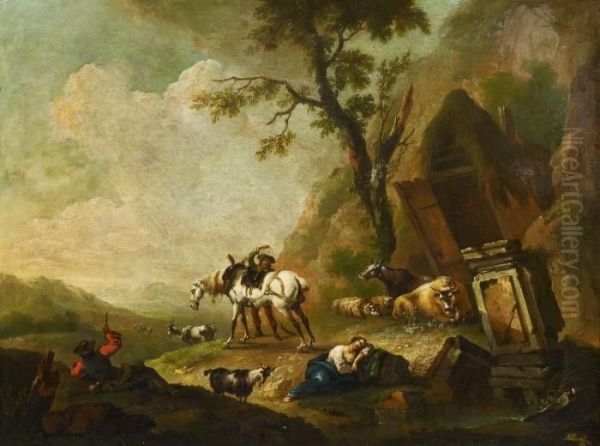 Italian Landscape With Shepherds And Their Animals Oil Painting by Johan Heinrich Roos