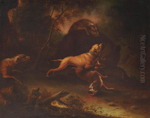 A Wild Boar Hunt Oil Painting by Joseph Rosa Roos