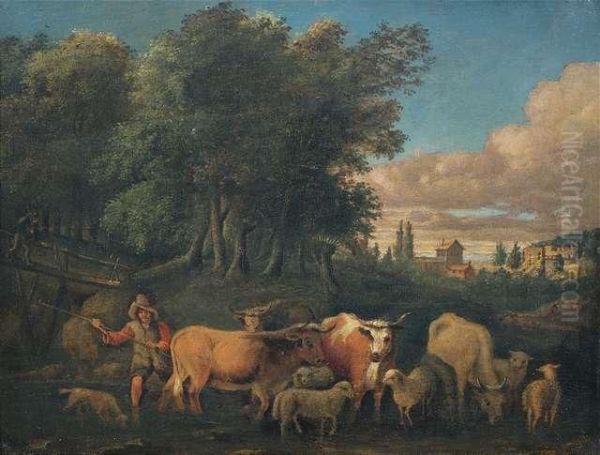 Hirtenszene In Bewaldeter Landschaft Oil Painting by Joseph Rosa Roos