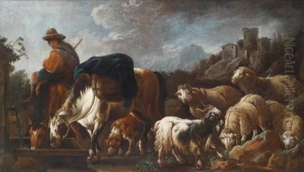 A Shepherd And His Flock At A Watering Place Oil Painting by Philipp Peter Roos