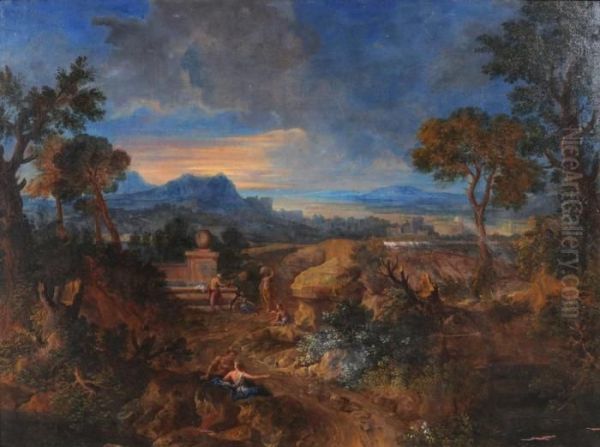 Paesaggio Arcadico Con Figure Alla Fonte Sullo Sfondo Di Roma Oil Painting by Salvator Rosa