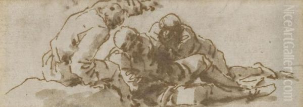 Three Men In A Landscape Pen And Brown Ink, Brown Wash 1Â¾ X 4Â¼ In Oil Painting by Salvator Rosa