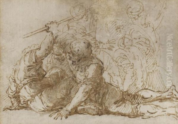 Two Soldiers Struggling Over A 
Spear, Another Man Protecting Himself With A Shield Beyond Oil Painting by Salvator Rosa