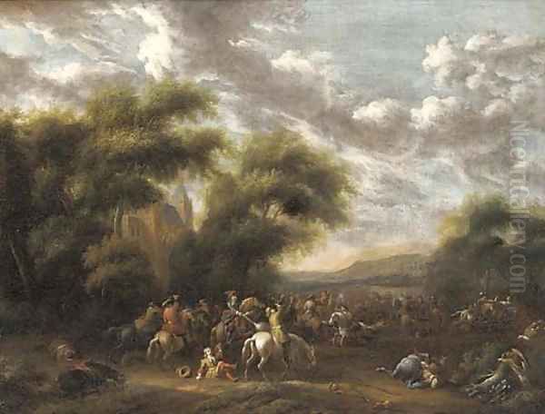 A cavalry skirmish in a wooded landscape by Philips Wouwerman