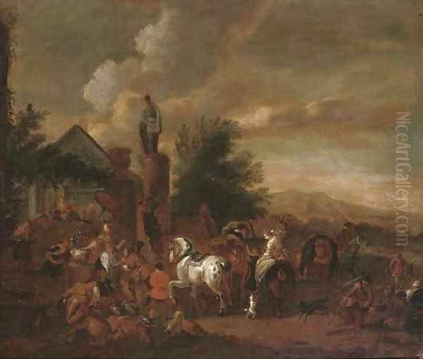 A hawking party at rest by an inn Oil Painting by Philips Wouwerman