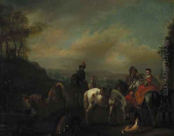 A hawking party at rest in a landscape Oil Painting by Philips Wouwerman