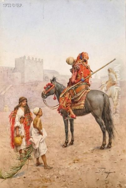 Arab Horseman Pausing To Quench His Thirst Oil Painting by Giulio Rosati