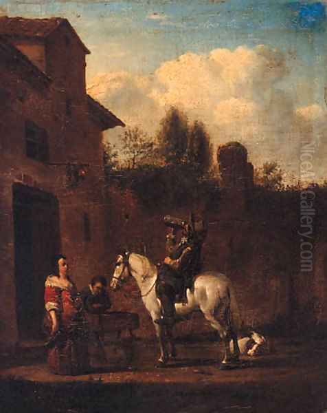 A Horseman taking refreshment in a Courtyard Oil Painting by Philips Wouwerman