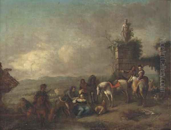 A hunting party at rest in a landscape Oil Painting by Philips Wouwerman