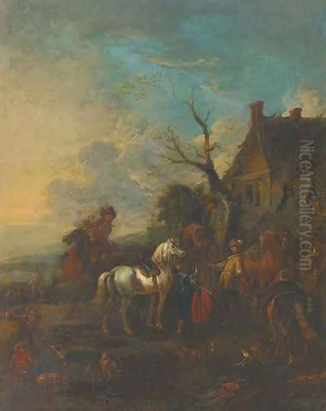 A hunting party halted outside an inn Oil Painting by Philips Wouwerman