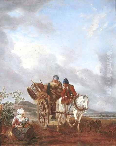 A landscape with travellers in a pony trap, a mother feeding her baby nearby Oil Painting by Philips Wouwerman