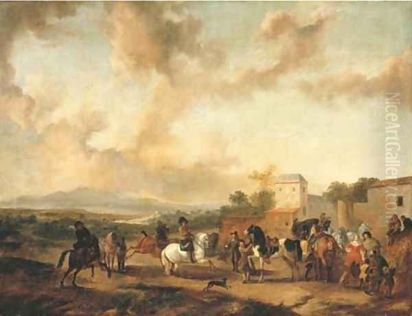 A riding school in an Italianate landscape Oil Painting by Philips Wouwerman