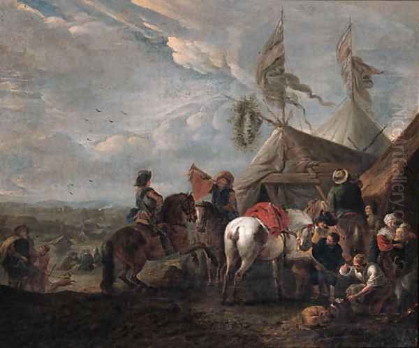 Heralds halting at a blacksmith's near an encampment Oil Painting by Philips Wouwerman