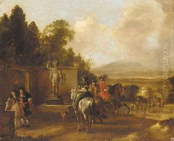 Horsemen and elegant figures before a statue Oil Painting by Philips Wouwerman