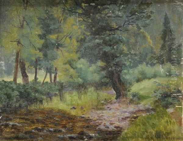 Paysage De Foret Et Ruisseau Panneau Oil Painting by Amedee Rosier