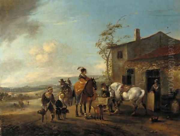 A hawking party halting at a blacksmith's shop Oil Painting by Philips Wouwerman