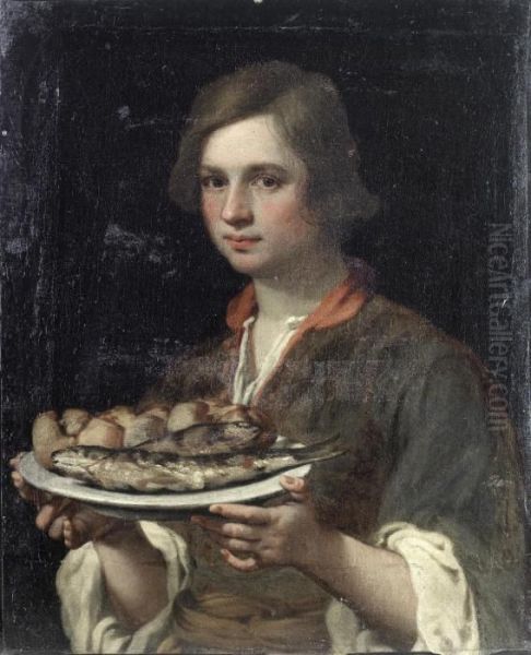 A Young Boy Holding A Tray Of Fish Oil Painting by Matteo Rosselli