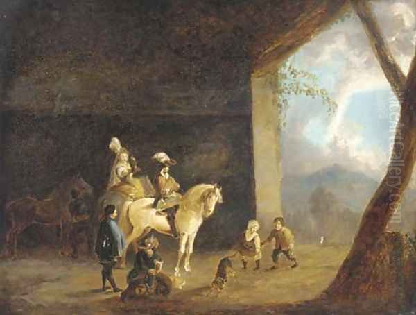 A hawking party setting out from a barn Oil Painting by Philips Wouwerman