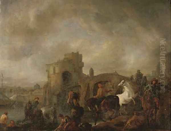 A hawking party with washerwomen and bathers, a ship, a bridge and a town beyond Oil Painting by Philips Wouwerman