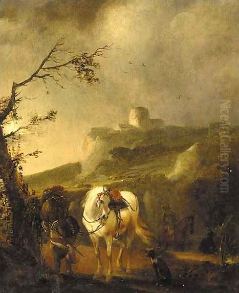 A landscape at dusk with a cavalier beside his mount Oil Painting by Philips Wouwerman