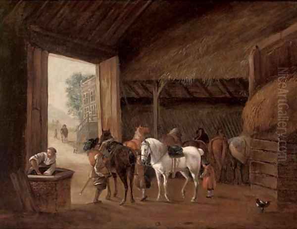 A stable interior with two figures mounting horses Oil Painting by Philips Wouwerman