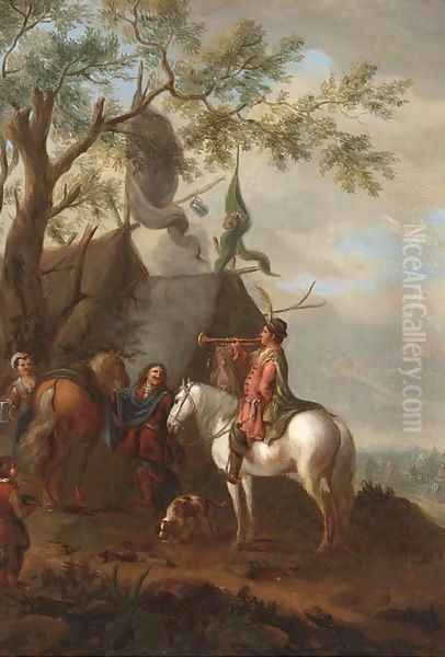 A trumpeter at a cavalry encampment Oil Painting by Philips Wouwerman