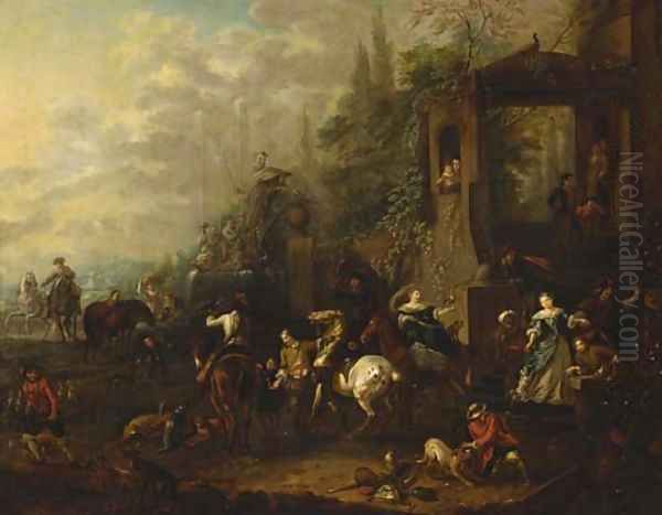 An elegant hawking party before a mansion Oil Painting by Philips Wouwerman