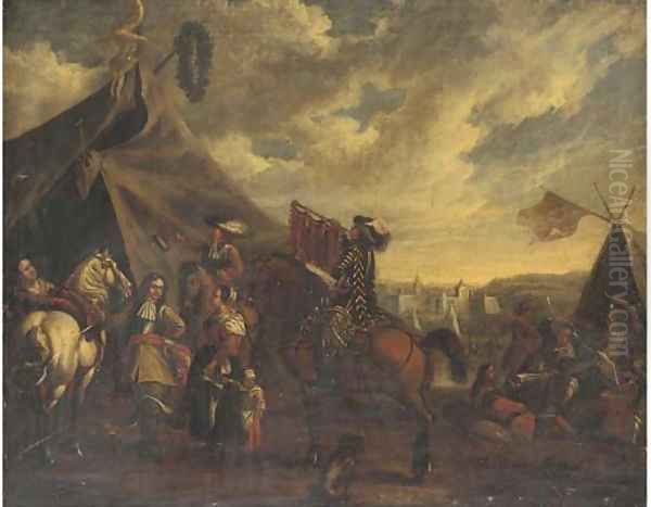 Cavalry officers with their chargers and a mounted trumpeter before a sutler's booth, an encampment beyond Oil Painting by Philips Wouwerman