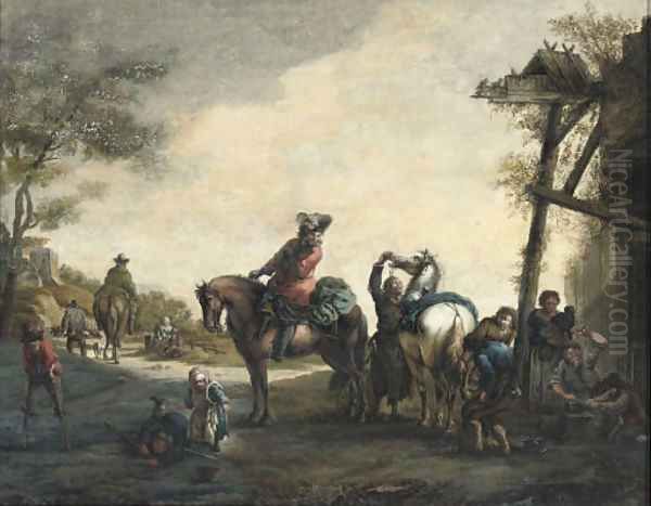 Horsemen outside a blacksmith's with chlidren playing nearby Oil Painting by Philips Wouwerman