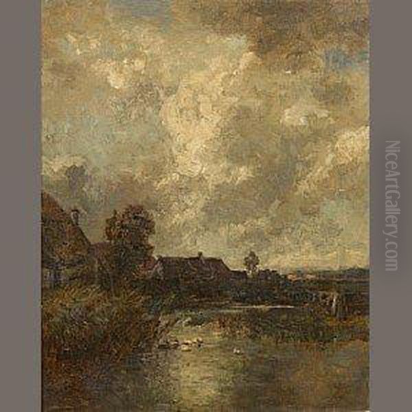 Cottages By A Pond Under Cloudy Skies Oil Painting by Philipp Roth