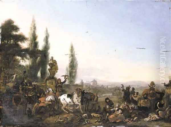 The repose of a hawking party by a walled garden, a landscape beyond Oil Painting by Philips Wouwerman