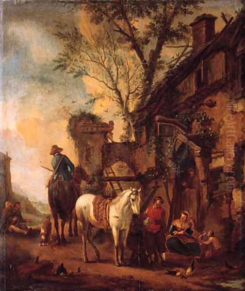 Travellers resting before an inn Oil Painting by Philips Wouwerman