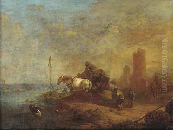 Workers loading a boat near a horse and cart, a town beyond Oil Painting by Philips Wouwerman