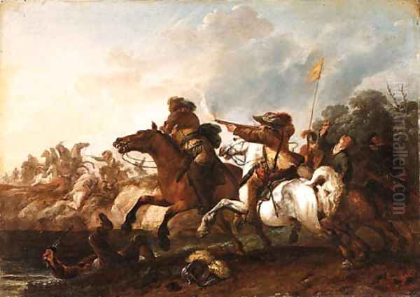 A Cavalry Engagement Oil Painting by Philips Wouwerman