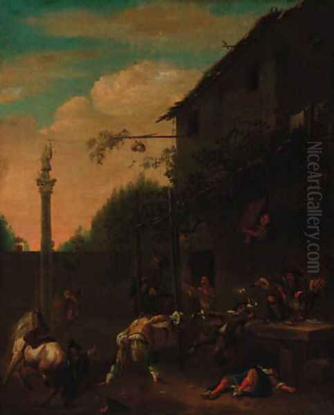 A street fight outide a tavern Oil Painting by Philips Wouwerman