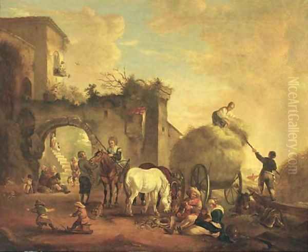 A village scene with a hay cart Oil Painting by Philips Wouwerman